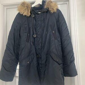 J Crew Waterproof Fur-hooded Puffer Parka Navy Blue Jacket M
